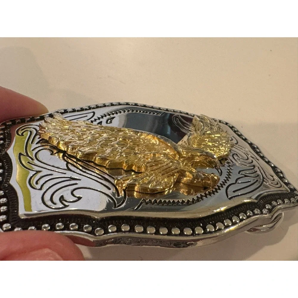 Western Soaring Eagle Belt Buckle Gold Silver Tone Scalloped Scrollwork Mens